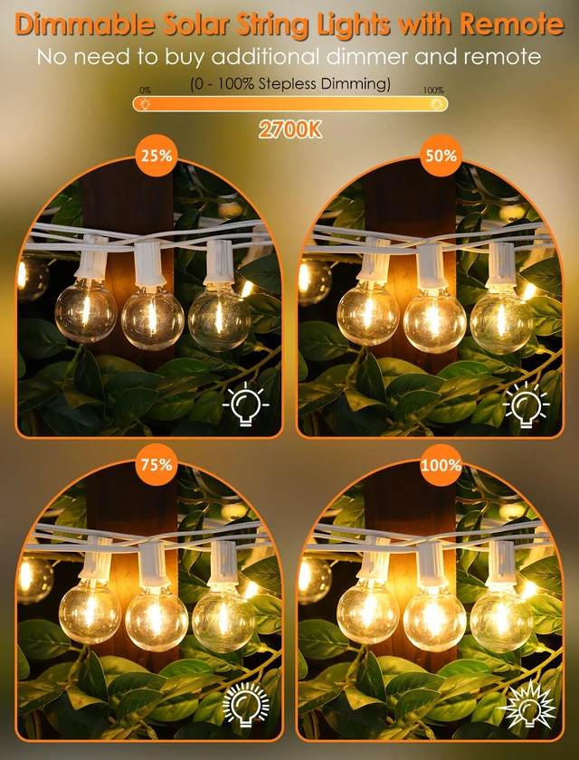 Alt view image 2 of 7 - 25FT Solar String Lights with Remote, 3 Modes, 11 G40 Bulbs, White Solar Powered, Dusk to Dawn, Dimmable, Timer, Memory Function, LED Globe Hanging Lights for Garden Party Fence Decor