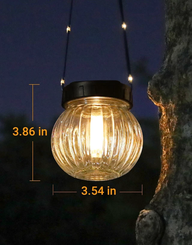Alt view image 6 of 7 - Solar Lights Outdoor Waterproof 12-Pack, Solar Powered Hanging Lantern Ribbed Glass Hanging Globes for Yard Decor Christmas Decoration, Shepherd Hook, Garden Tree Ornaments, Clear