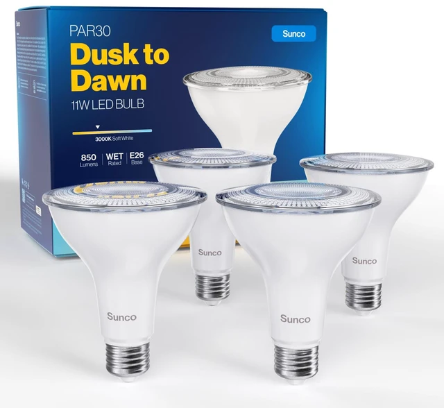 Main image of 4 Pack PAR30 LED Bulbs, Dusk to Dawn Flood Light, 11W, Non-Dimmable 850LM, 3000K Soft White, Photocell Sensor, E26, Wet-Rated Outdoor Flood Light Security, Backyard, Garage, Recessed Can Light