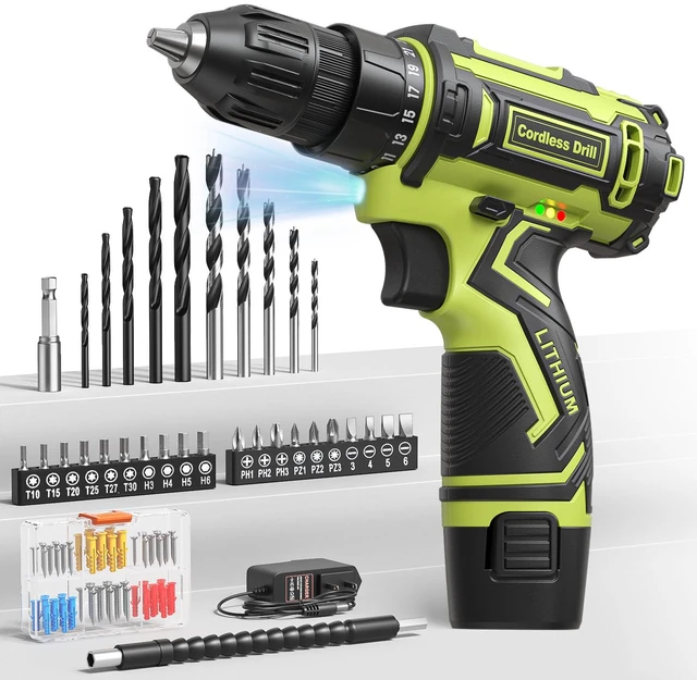 Main image of Cordless Drill Set,12V Power Drill Driver 3/8" Keyless Chuck with 92 Acessories, Built-in LED Light, 25+1 Position, Electric Drill for Home DIY Projects (Green)