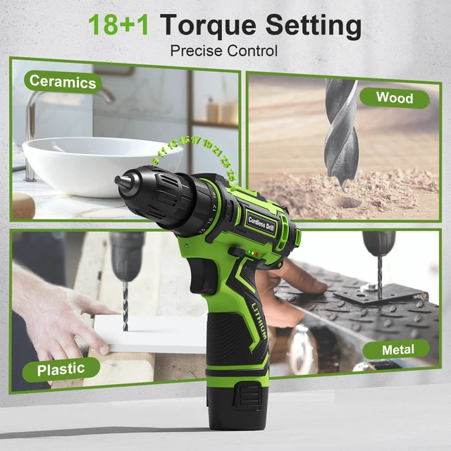 Alt view image 2 of 7 - Cordless Drill Set,12V Power Drill Driver 3/8" Keyless Chuck with 92 Acessories, Built-in LED Light, 25+1 Position, Electric Drill for Home DIY Projects (Green)
