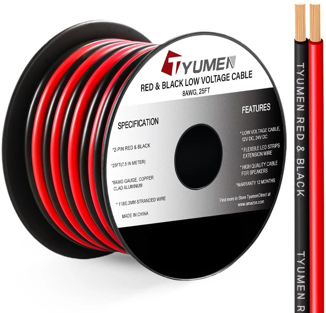Main image of 8 Gauge Wire 25FT, 8AWG Red Black Electrical Wire LED Strips Extension Cord 12V/24V DC Cable, 8 AWG 2 Conductors Flexible Low Voltage Wire for in-Home, Autos, Speaker use