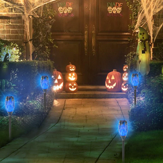 Alt view image 6 of 7 - Solar Lights Outdoor, 12 Pack Blue Solar Torch Light IP 65 Waterproof, Vivid Flickering Flame, Easter Flame Torches, Decoration for Garden Yard Landscape