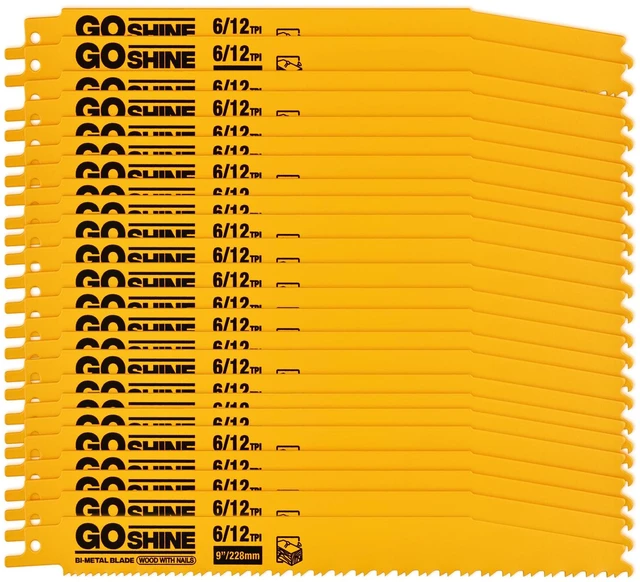 Main image of 25 Pack 9" 6/12 TPI Bi-Metal Demolition Reciprocating Saw Blades for Wood with Nails, Nail-Embedded Wood, Pallets,PVC,Cuts Thick Metal from 3/16" to 1/2", Compatible with Dewalt Sawzall Blades