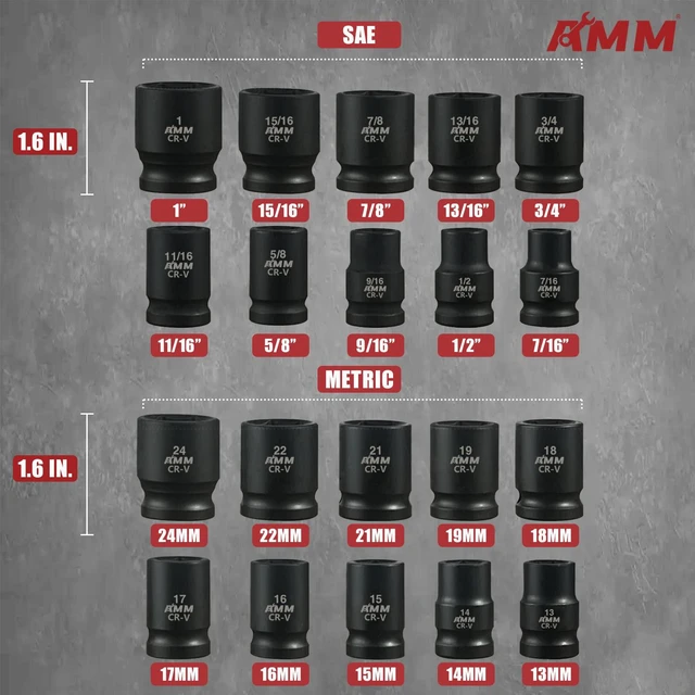 Alt view image 3 of 7 - 1/2" Drive Master Impact Socket Set, 24-Piece Shallow Standard SAE (7/16-Inch to 1-Inch) & Metric (13-24 mm) Sizes, Socket Assortment with Ratchet HandleCr-V Steel