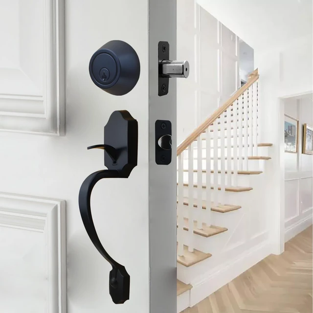 Alt view image 6 of 6 - 1 Side Keyed Deadbolt Lock,Single Cylinder Dead Bolt, Matte Black Round Exterior Keyed Front Entry Inside Door Deadbolt, 2 Pack