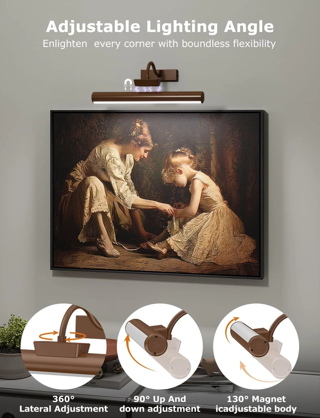 Alt view image 5 of 7 - 13" Wireless Picture Lights for Wall, Rechargeable Art Light, 2Pack Bronze Aluminum Photo Frame Light, Remote & Touch Control, 5000mAh Battery, 3 Color Temp, Dimmable, Magnetic Gallery Painting Light