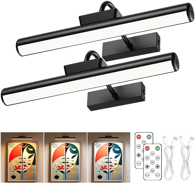 Main image of 13" Wireless Picture Lights for Wall, Rechargeable Art Light, 2Pack Black Aluminum Photo Frame Light, Remote & Touch Control, 5000mAh Battery, 3 Color Temp, Dimmable, Magnetic Gallery Painting Light