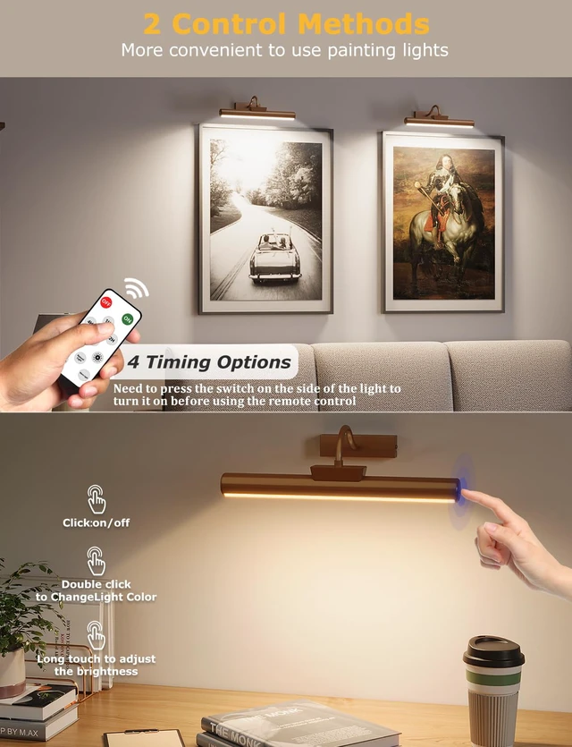 Alt view image 3 of 7 - 13" Wireless Picture Lights for Wall, Rechargeable Art Light, 2Pack Bronze Aluminum Photo Frame Light, Remote & Touch Control, 5000mAh Battery, 3 Color Temp, Dimmable, Magnetic Gallery Painting Light
