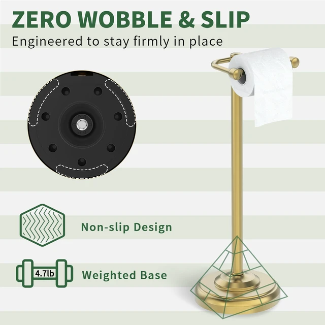 Alt view image 7 of 7 - Toilet Paper Holder Stand,Free Standing Toilet Paper Holder,Modern Post Pivoting Toilet Paper Stand with Stable Weighted Base,SUS304 Stainless Steel Tissue Roll Holder Stand for Bathroom,Brushed Gold