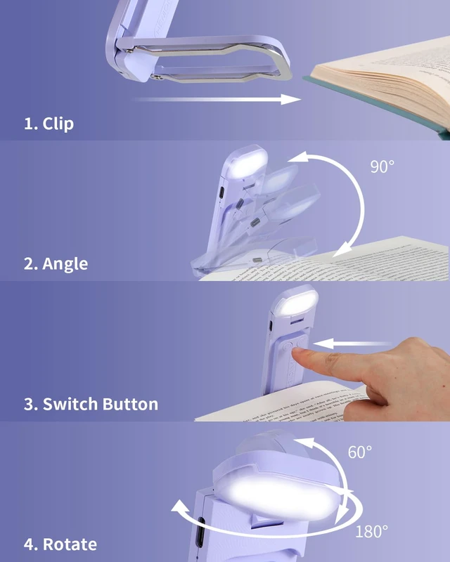 Alt view image 5 of 7 - Book Reading Light, 2 Pack Rechargeable Clip on Booklight, Eye Caring 3 Color Temperatures & 5 Brightness Levels, Night Use for Bed, Long Lasting, Reading at Night in Bed, Purple+Light Blue
