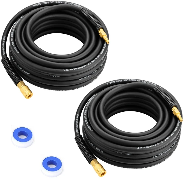 Main image of 2-Set Hybrid Air Hose, 3/8-Inch by 25 Feet Air compressor Hose,Heavy Duty, Lightweight, Kink Resistant, All-Weather Flexibility with 1/4" Quick Coupler Fittings, Bend Restrictors,300PSI,Black
