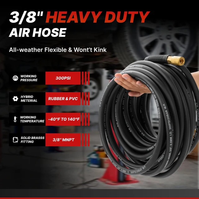 Alt view image 2 of 7 - 2-Set Hybrid Air Hose, 3/8-Inch by 25 Feet Air compressor Hose,Heavy Duty, Lightweight, Kink Resistant, All-Weather Flexibility with 1/4" Quick Coupler Fittings, Bend Restrictors,300PSI,Black