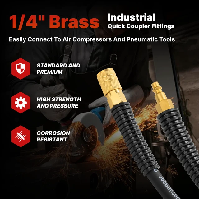 Alt view image 3 of 7 - 2-Set Hybrid Air Hose, 3/8-Inch by 25 Feet Air compressor Hose,Heavy Duty, Lightweight, Kink Resistant, All-Weather Flexibility with 1/4" Quick Coupler Fittings, Bend Restrictors,300PSI,Black