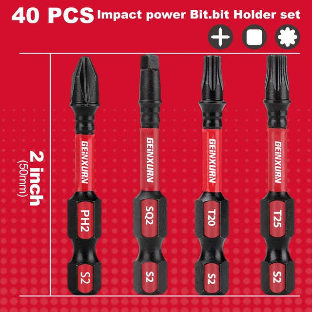 Alt view image 3 of 7 - Impact Tough Phillips Square Torx 2 in. Insert Driver Bits, 40Pack Bulk T20/T25/PH2/SQ2 Screwdriver Power Bits Set