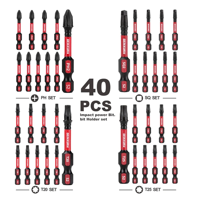 Alt view image 2 of 7 - Impact Tough Phillips Square Torx 2 in. Insert Driver Bits, 40Pack Bulk T20/T25/PH2/SQ2 Screwdriver Power Bits Set