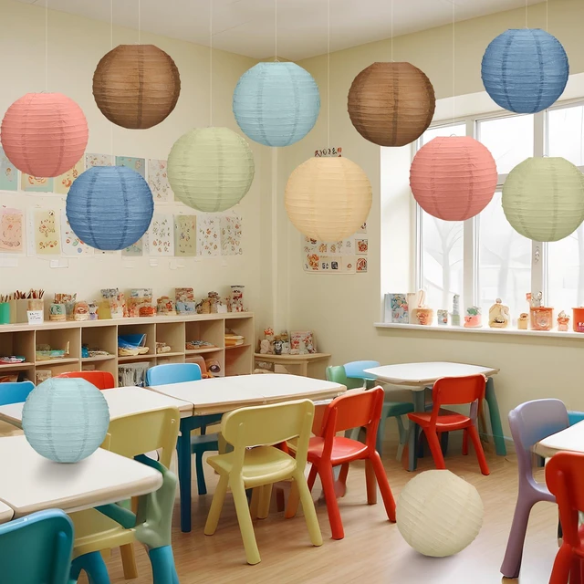 Alt view image 5 of 7 - 12 Pcs 10" Oh Happy Day Boho Paper Lanterns Party Classroom Decor Back to School Classrooms Decorations, Hanging Lanterns for Birthday Wedding Ceiling, Round Paper Decor, Assorted Colors