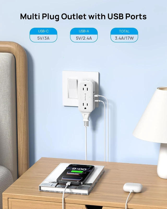 Alt view image 2 of 7 - 360 Rotating Plug Outlet Extender Surge Protector with 4 USB Ports Compact 4AC Plug Adapter, 900 Joules Surge Protection, 3 Way Outlet Splitter for Home Office Travel, White