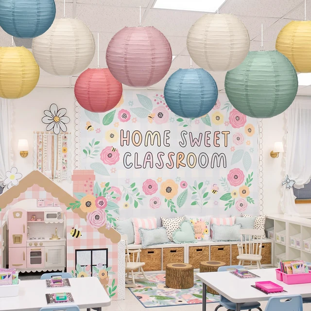 Alt view image 2 of 7 - 12 Pcs 10" Spring Colorful Paper Lanterns Party Classroom Decor Back to School Classrooms Decorations, Hanging Lanterns for Birthday Wedding Ceiling, Round Paper Decor, Assorted Colors