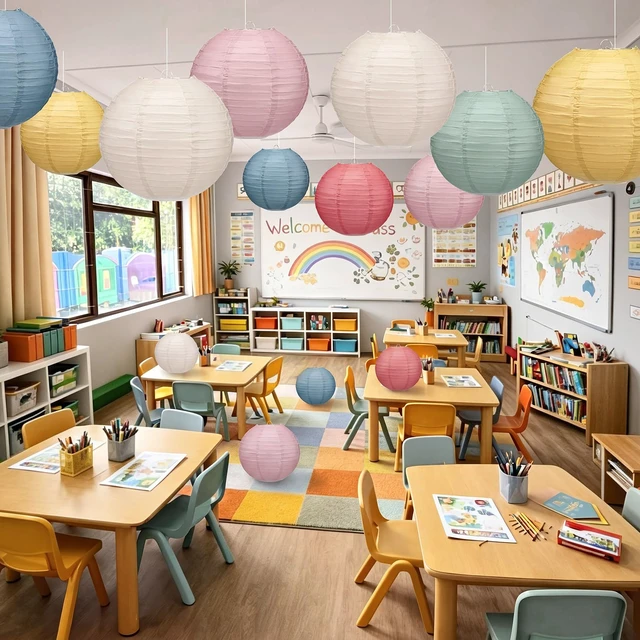 Alt view image 5 of 7 - 12 Pcs 10" Spring Colorful Paper Lanterns Party Classroom Decor Back to School Classrooms Decorations, Hanging Lanterns for Birthday Wedding Ceiling, Round Paper Decor, Assorted Colors