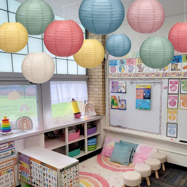 Alt view image 6 of 7 - 12 Pcs 10" Spring Colorful Paper Lanterns Party Classroom Decor Back to School Classrooms Decorations, Hanging Lanterns for Birthday Wedding Ceiling, Round Paper Decor, Assorted Colors