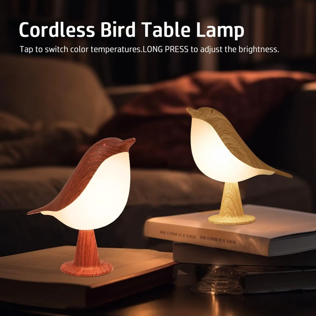 Alt view image 2 of 7 - 2 Cute Bird Lamps Combo,Small Bedside Lamps with 3 Color Temperature and Adjustable Brightness,Rechargeable Cordless Lamp for Bedroom Nightstand Bedside Table (Wood Tone + Red)
