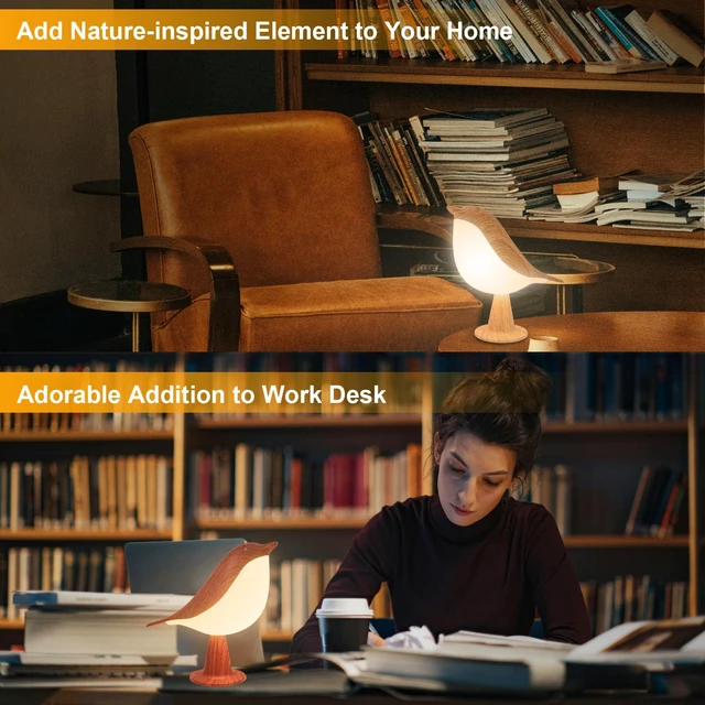 Alt view image 3 of 7 - 2 Cute Bird Lamps Combo,Small Bedside Lamps with 3 Color Temperature and Adjustable Brightness,Rechargeable Cordless Lamp for Bedroom Nightstand Bedside Table (Wood Tone + Red)