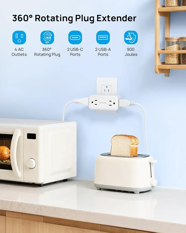 Alt view image 3 of 7 - 360 Rotating Plug Outlet Extender Surge Protector with 4 USB Ports Compact 4AC Plug Adapter, 900 Joules Surge Protection, 3 Way Outlet Splitter for Home Office Travel, White