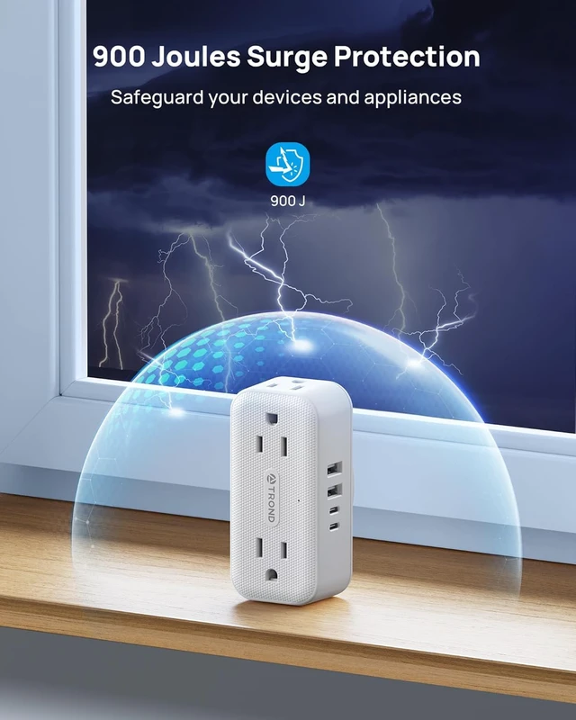 Alt view image 5 of 7 - 360 Rotating Plug Outlet Extender Surge Protector with 4 USB Ports Compact 4AC Plug Adapter, 900 Joules Surge Protection, 3 Way Outlet Splitter for Home Office Travel, White