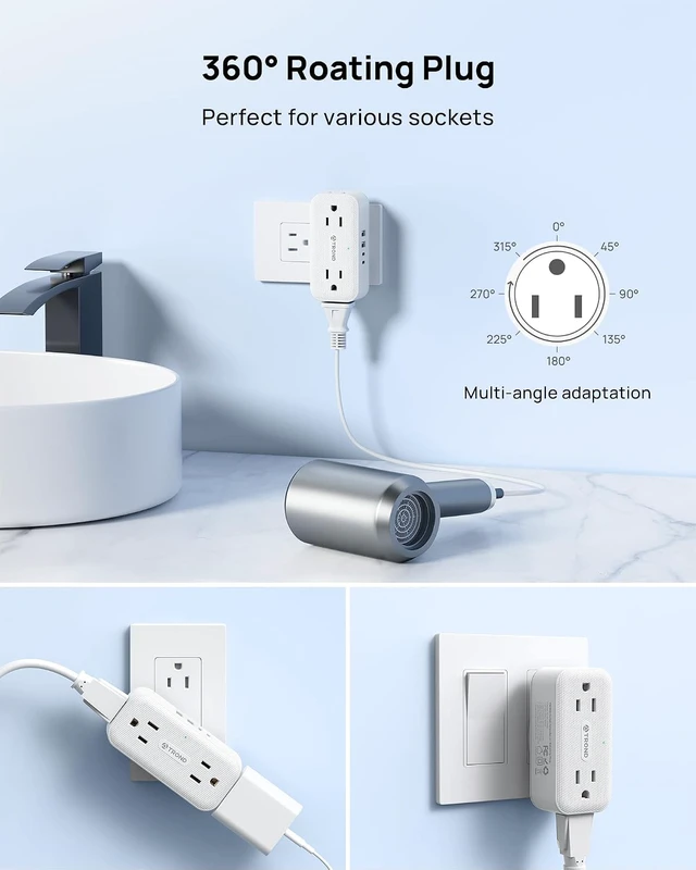 Alt view image 4 of 7 - 360 Rotating Plug Outlet Extender Surge Protector with 4 USB Ports Compact 4AC Plug Adapter, 900 Joules Surge Protection, 3 Way Outlet Splitter for Home Office Travel, White