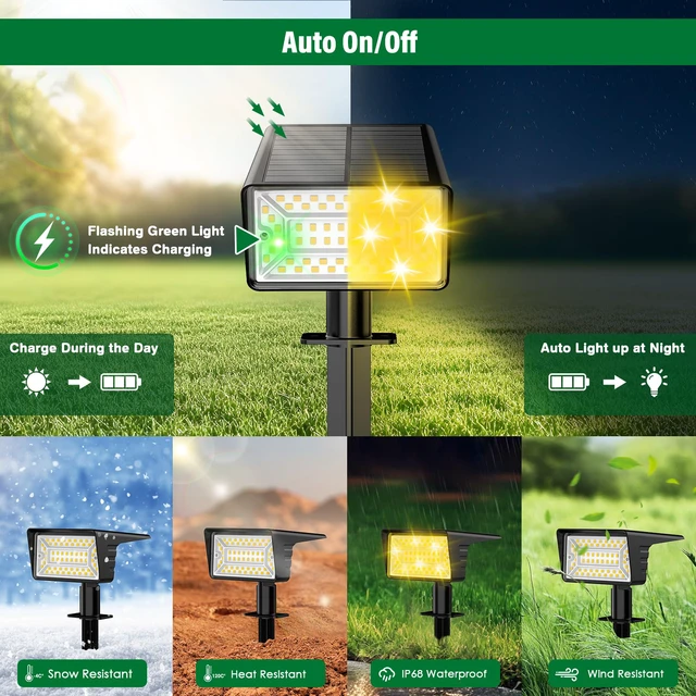 Alt view image 4 of 7 - Solar Spot Lights Outdoor with 60 LED & Auto On/Off, 6 Pack Solar Lights Outdoor Waterproof IP68 with 3 Lighting Modes, 2-in-1 Solars Landscape Light for Outside, Garden, Yard(Warm White)