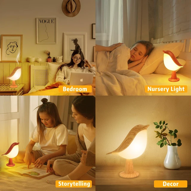 Alt view image 7 of 7 - 2 Cute Bird Lamps Combo,Small Bedside Lamps with 3 Color Temperature and Adjustable Brightness,Rechargeable Cordless Lamp for Bedroom Nightstand Bedside Table (Wood Tone + Red)