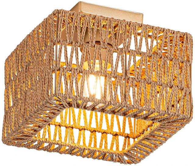 Main image of Rattan Ceiling Light, Gold Boho Light Fixture, Square Flush Mount Ceiling Light for Bedroom, Hallway, Entryway, Kitchen, Cabinet