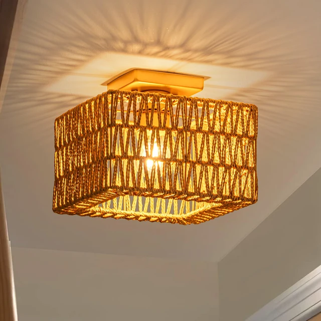 Alt view image 2 of 7 - Rattan Ceiling Light, Gold Boho Light Fixture, Square Flush Mount Ceiling Light for Bedroom, Hallway, Entryway, Kitchen, Cabinet
