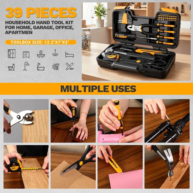 Alt view image 6 of 7 - 39-Piece Household Tool Kit for Women, Basic Hand Tool Set with Plastic Toolbox Storage Case, Small Starter Tool Box Set for Home Repairs, DIY Projects, Crafts and Dorm Essentials - Orange