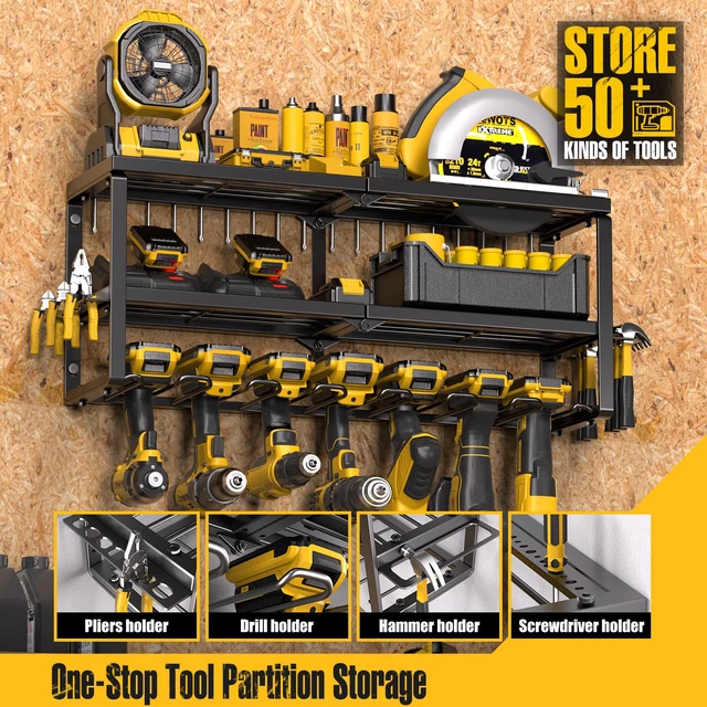 Alt view image 4 of 7 - Power Tool Organizer for Tool Storage, Drill Holder Wall Mount with Screwdriver Organizer, Tool Holder for Garage Wall Organization, Heavy Duty Metal Tool Shelf with Battery Holder