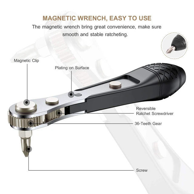 Alt view image 3 of 7 - S2 Steel Screwdriver Bit Set with 1/4" Hex Shank Bits (54) S2 Steel 1/4" Hex Shank Magnetic Bit Holder, 36-Tooth Gear Wrench Handle for Tight Spaces