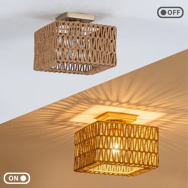 Alt view image 4 of 7 - Rattan Ceiling Light, Gold Boho Light Fixture, Square Flush Mount Ceiling Light for Bedroom, Hallway, Entryway, Kitchen, Cabinet