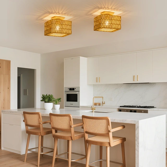 Alt view image 6 of 7 - Rattan Ceiling Light, Gold Boho Light Fixture, Square Flush Mount Ceiling Light for Bedroom, Hallway, Entryway, Kitchen, Cabinet