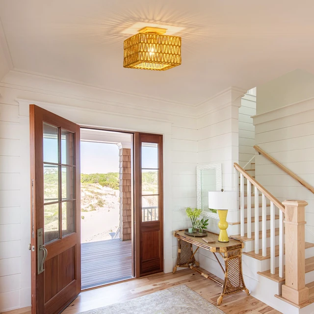 Alt view image 5 of 7 - Rattan Ceiling Light, Gold Boho Light Fixture, Square Flush Mount Ceiling Light for Bedroom, Hallway, Entryway, Kitchen, Cabinet