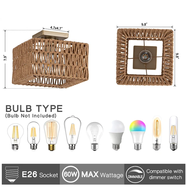 Alt view image 3 of 7 - Rattan Ceiling Light, Gold Boho Light Fixture, Square Flush Mount Ceiling Light for Bedroom, Hallway, Entryway, Kitchen, Cabinet