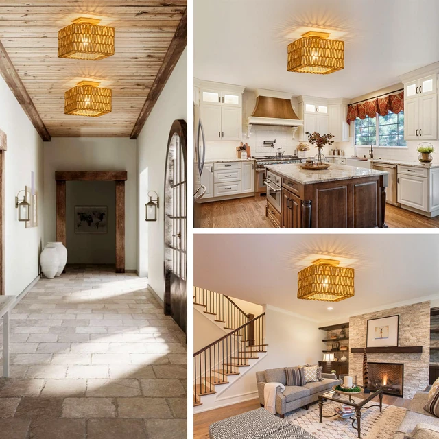 Alt view image 7 of 7 - Rattan Ceiling Light, Gold Boho Light Fixture, Square Flush Mount Ceiling Light for Bedroom, Hallway, Entryway, Kitchen, Cabinet