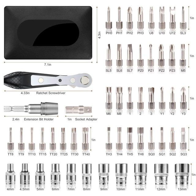 Alt view image 6 of 7 - S2 Steel Screwdriver Bit Set with 1/4" Hex Shank Bits (54) S2 Steel 1/4" Hex Shank Magnetic Bit Holder, 36-Tooth Gear Wrench Handle for Tight Spaces