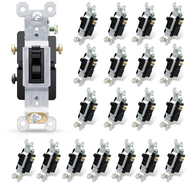 Main image of 3 Way Toggle Light Switch, 15 Amp, 120 V, Toggle Framed AC Quiet Switch, in Wall On/Off Switch Replacement, Self-Grounding, Residential and Commercial Grade, UL Listed (20 Pack, Glossy Black)