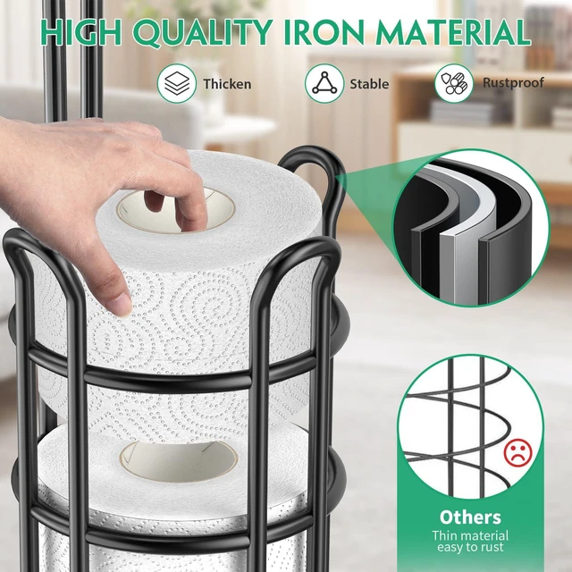 Alt view image 3 of 7 - Toilet Paper Holder Free Standing with Shelf, Stable 4 Raised Feet Stores 4 Mega Rolls, Tool-Free Assembly, Powder-Coated Metal Frame, Bathroom Storage Organizer for Spare Rolls, Black
