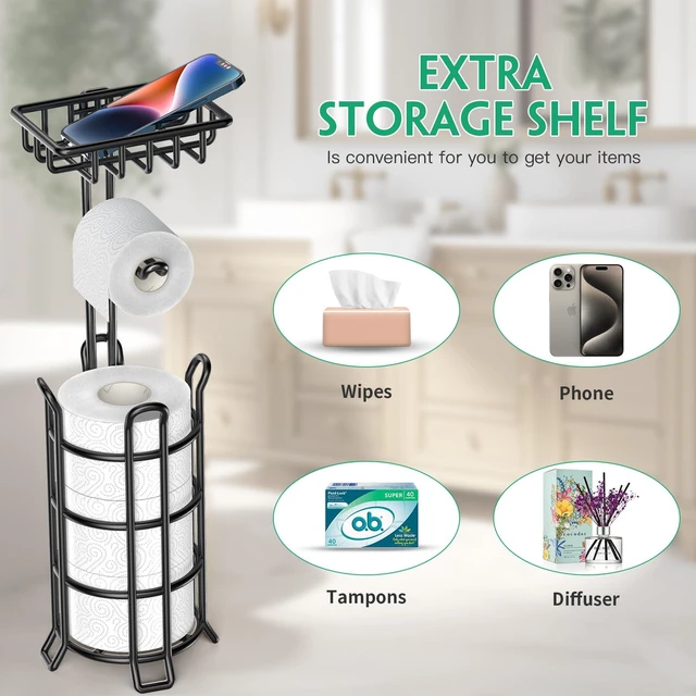 Alt view image 5 of 7 - Toilet Paper Holder Free Standing with Shelf, Stable 4 Raised Feet Stores 4 Mega Rolls, Tool-Free Assembly, Powder-Coated Metal Frame, Bathroom Storage Organizer for Spare Rolls, Black