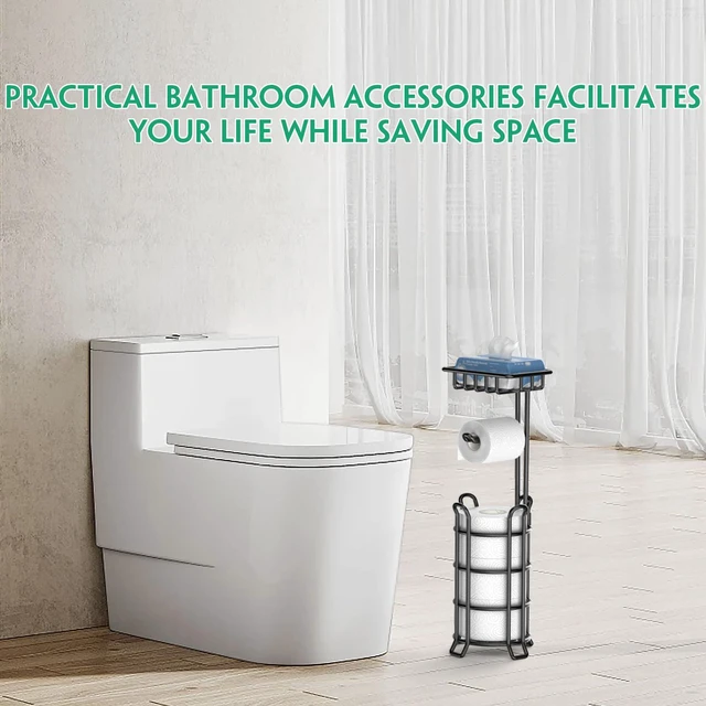 Alt view image 6 of 7 - Toilet Paper Holder Free Standing with Shelf, Stable 4 Raised Feet Stores 4 Mega Rolls, Tool-Free Assembly, Powder-Coated Metal Frame, Bathroom Storage Organizer for Spare Rolls, Black