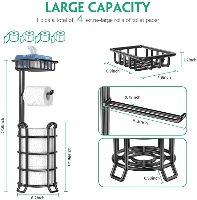 Alt view image 2 of 7 - Toilet Paper Holder Free Standing with Shelf, Stable 4 Raised Feet Stores 4 Mega Rolls, Tool-Free Assembly, Powder-Coated Metal Frame, Bathroom Storage Organizer for Spare Rolls, Black