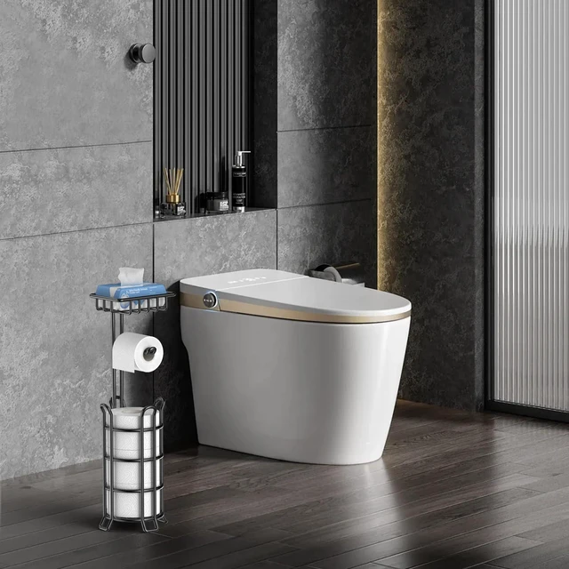 Alt view image 7 of 7 - Toilet Paper Holder Free Standing with Shelf, Stable 4 Raised Feet Stores 4 Mega Rolls, Tool-Free Assembly, Powder-Coated Metal Frame, Bathroom Storage Organizer for Spare Rolls, Black