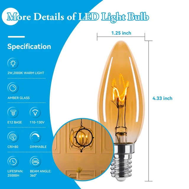 Alt view image 6 of 7 - Amber Candelabra Bulb 25W Eq E12 LED Ultra Fine Filament 2000K Dimmable 12P 2W Dimmable Amber LED Bulbs Soft Warm Candle Chandelier Light Bulbs with for decorative fixtures 12Pack